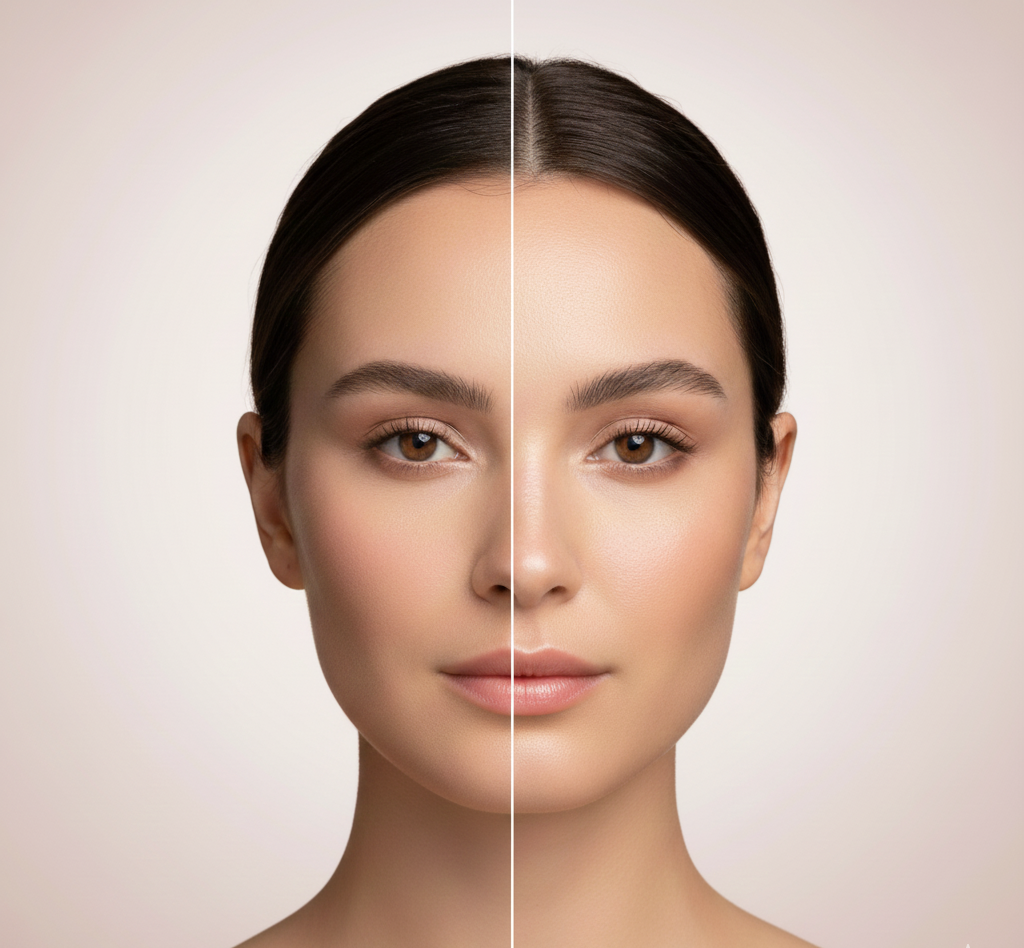 Side-by-side comparison of a woman's face with and without makeup on a neutral background